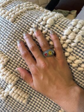 Chunky Resin Ring with Colorful Gemstones - Gray Base, Yellow & Red Stones